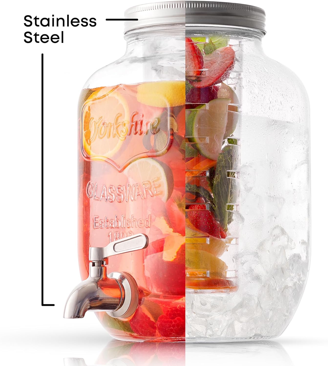 1-Gallon Drink Dispenser. Glass Beverage Dispenser with Stainless steel Spigot plus Ice Cylinder and Fruit Infuser! Water Dispenser, Lemonade Stand, Juice Container - Drink Dispensers for Parties, Gallon Glass Pitcher With Lid, Glass Jug