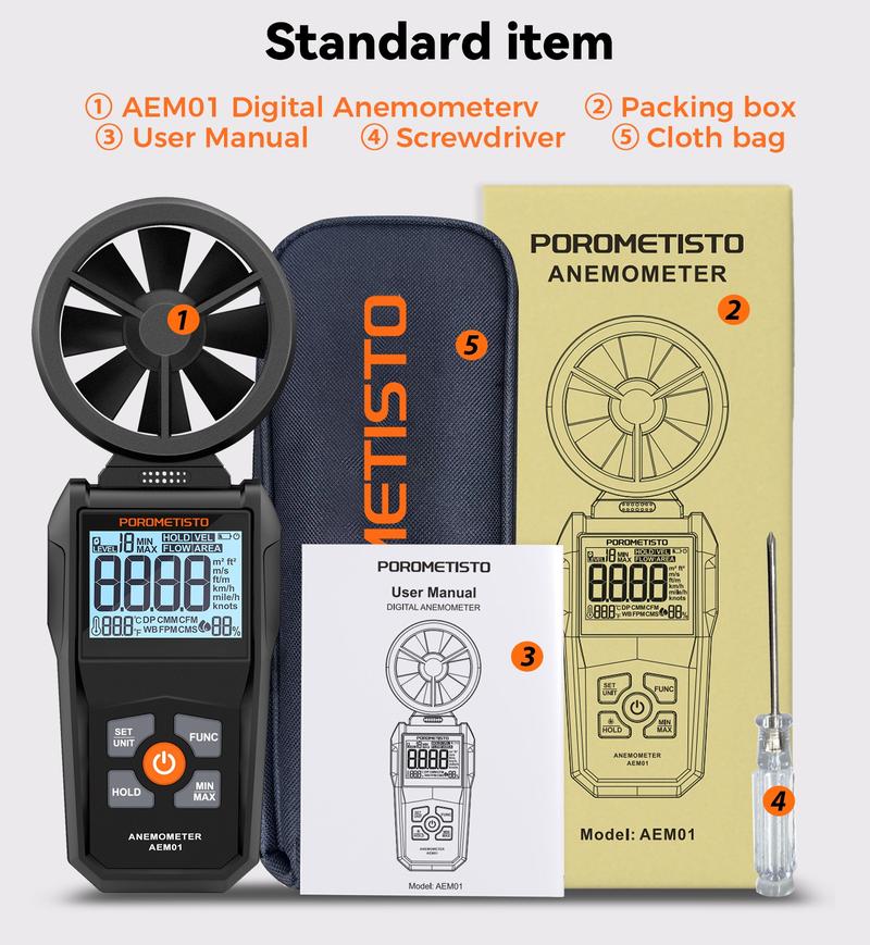 POROMETISTO AEM01 Digital Anemometer 0.8~40m/s Wind Speed Meter Handheld Humidity Air Velocity Airflow -20~60°C Temperature Test