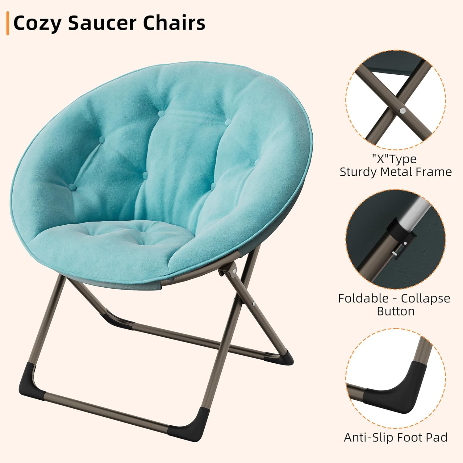 Comfy Oversized Saucer Chair, Soft Faux Fur Folding Moon Chair, Thick Padded Reading Lounge Chair with Stable Metal Frame for Living Room, Dorm, Office