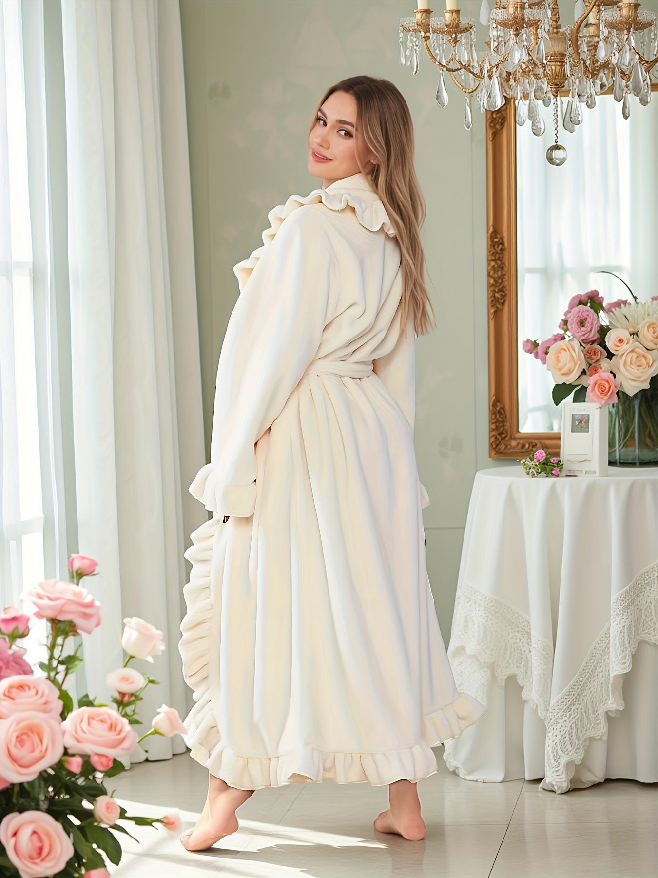 Fall & Winter Fitted Flannel Long-Sleeved Womenswear Robe with Ruffle Hem, Cozy Warmth, Elegant Chic Style and Elegance, Thick and Soft Layered Loungewear Bathrobe Nightwear
