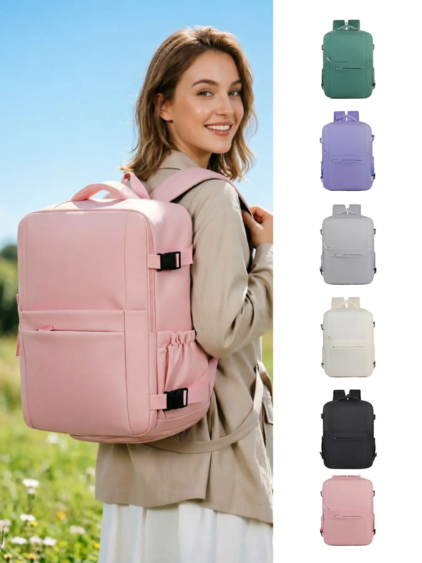 Neutral multi-pocket travel backpack with 180-degree opening for main compartment and shoe compartment. Large capacity, durable commuter backpack for school, business and weekend trips. Available in multiple colors. Casual Backpack