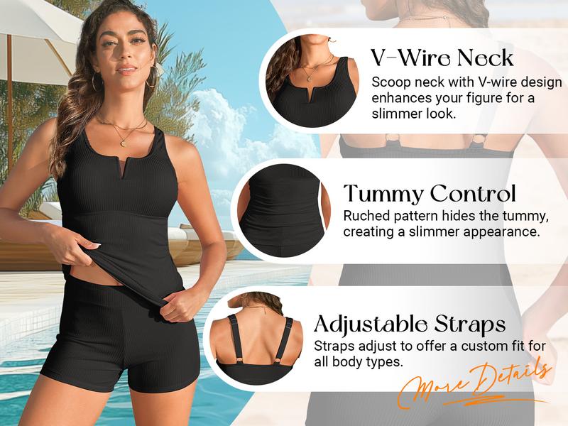 Daci Womens Two Piece Tankini Swimsuits - Tummy Control Bathing Suit with Shorts V Wire Tankini Top Ribbed Swimwear