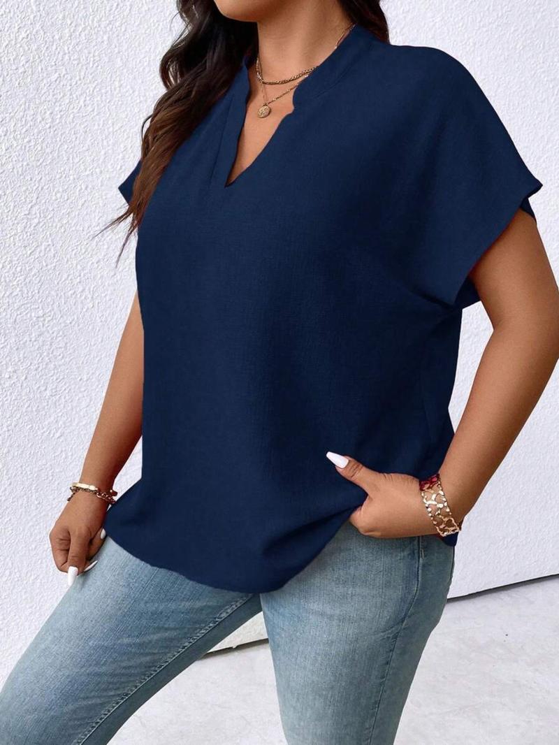 Plus Size Women's Solid Color V-Neck Batwing Sleeve Short Sleeve Casual Loose Fit Top, Comfortable and Stylish Everyday Wear