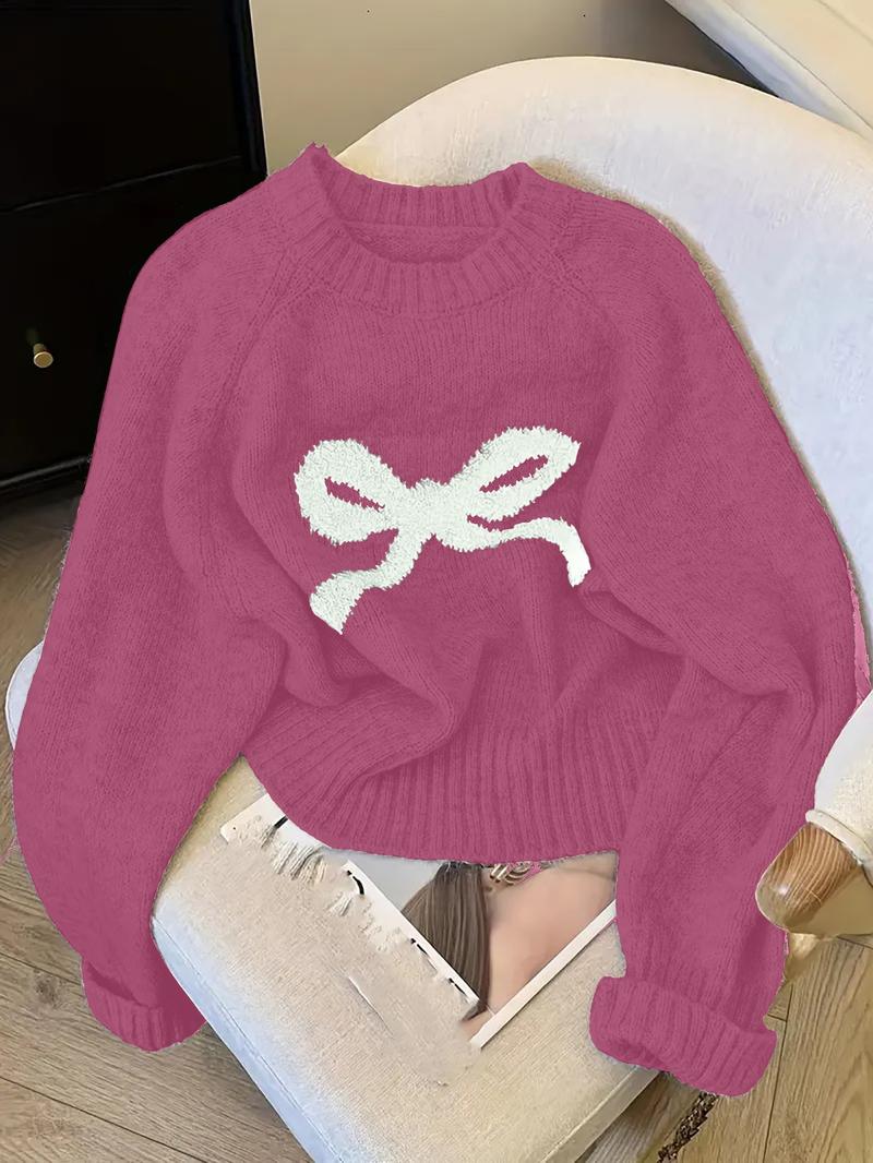 Women's Butterfly Knot Round Neck Sweater, Fall & Winter Thick Knit Top, Sweet Style Loose Fit, Elegant Cardigan for Valentine's Day