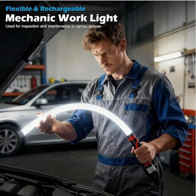 Flexible LED light pole, 30 inches long, rechargeable and flexible working lamp, featuring 3 adjustable brightness modes, with high lumen output suitable for under-car engine maintenance, narrow spaces in workshops and outdoor task lighting.