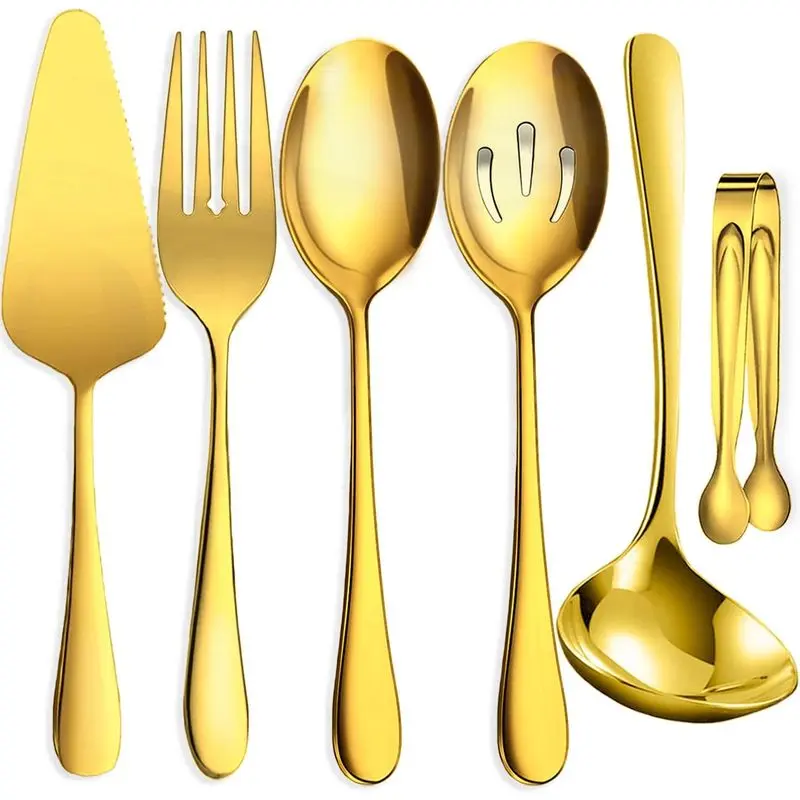 6PCS Large Size Multi-Piece Gold Stainless Steel Serving Utensils Set - Serving Spoon, Slotted Spoon, Fork, Sugar Tongs, Cake Server, Soup Ladle for Buffet, Wedding Banquet