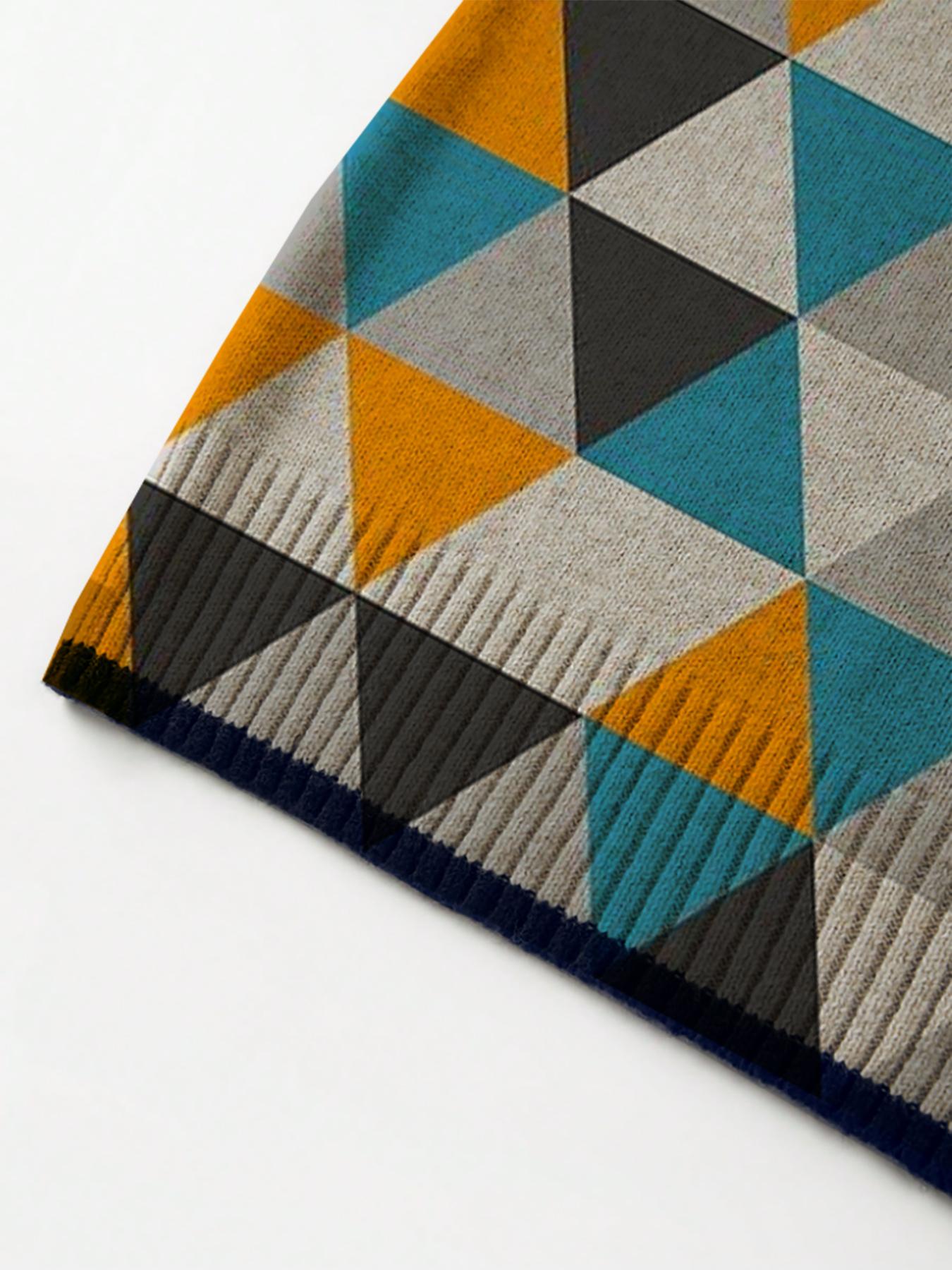 Geometric Triangle Patchwork Colorblock Sweater, Casual Short Sleeve Knit Top, Comfortable Warm Women's Clothing for Fall Winter