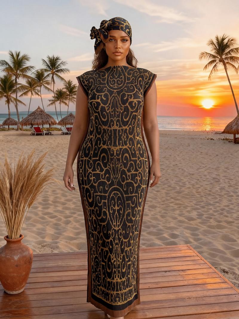 Women's Elegant Animal Print Long Dress Set, Slim-Fitting Moo Moo Skirt & Scarf, Beach Sun Protection Shawl, All Seasons Fashion