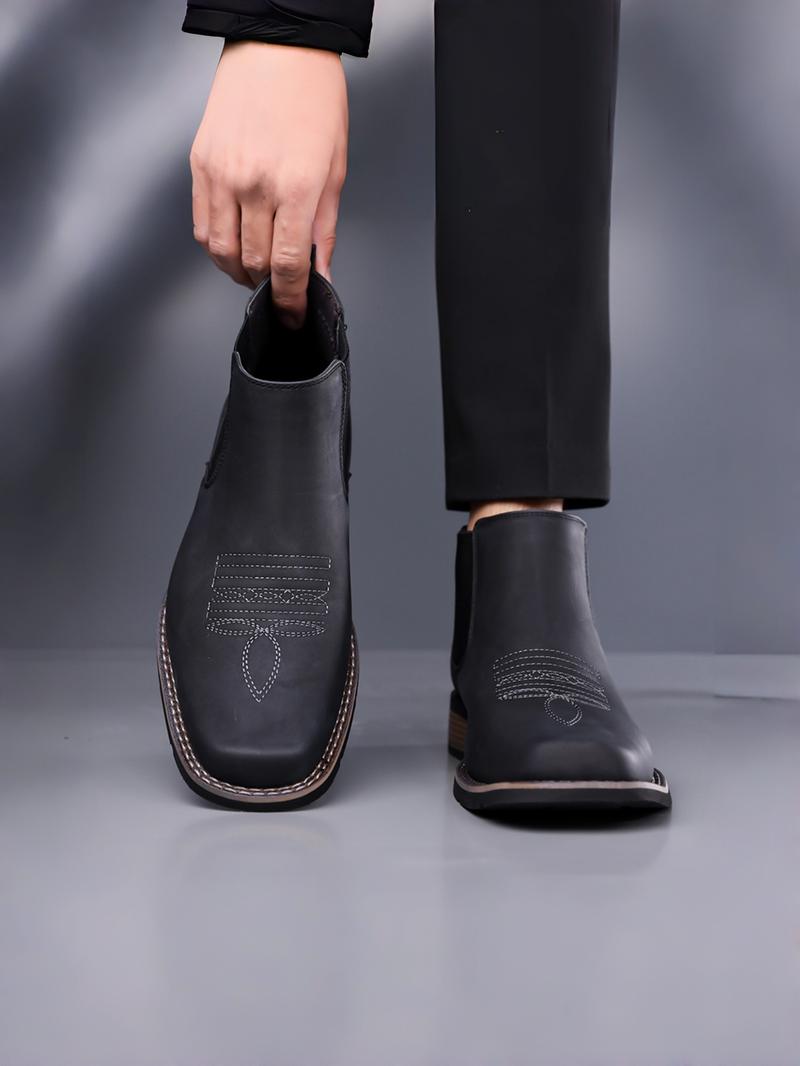 Men Low Heeled Bare Boots With PU Embroidery Pattern Square Toe Classic  Comfortable Men Western Cowboy Boots