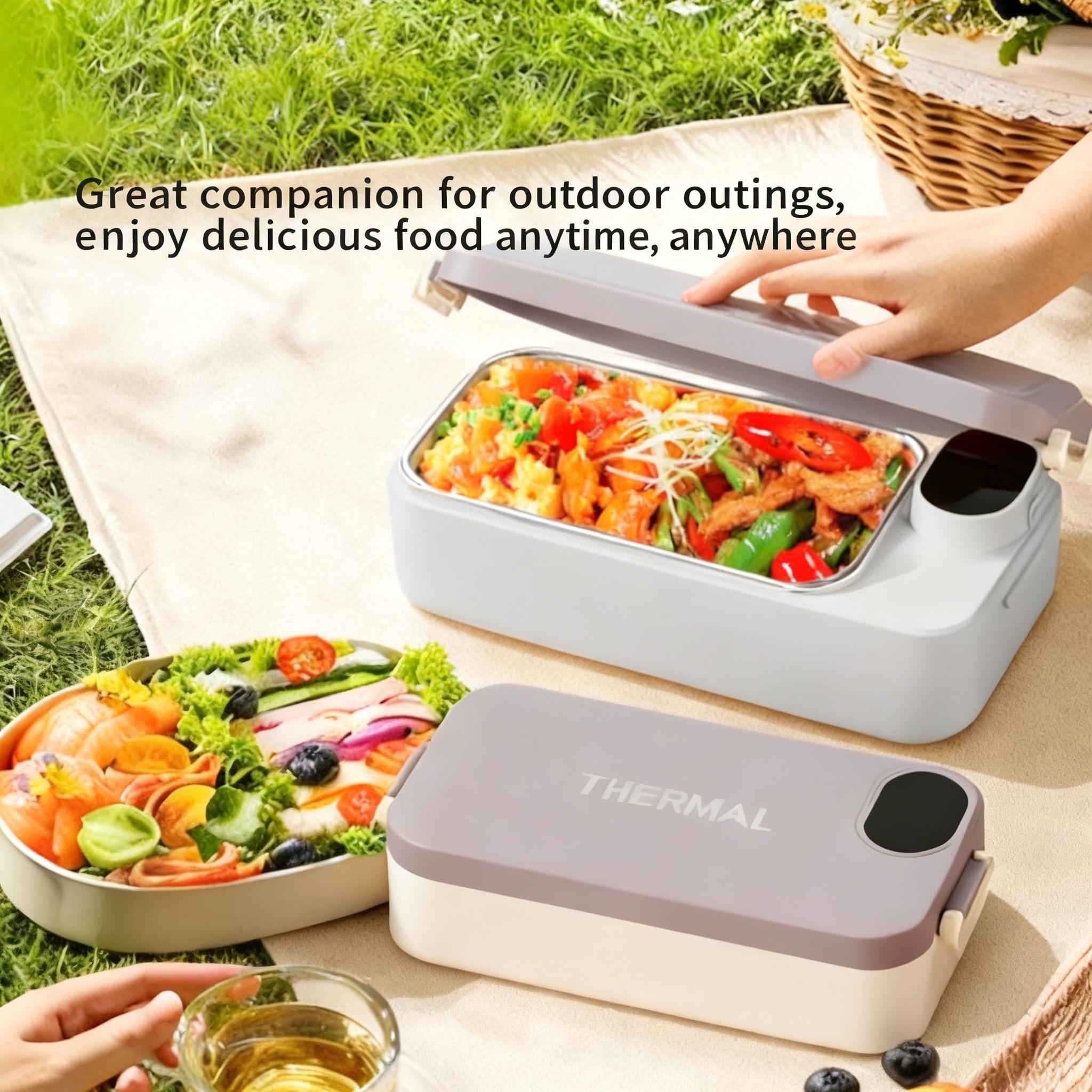 Portable Electric Heating Lunch Box with Smart Display & Constant Temp - 304 Stainless Steel, Rechargeable for Car, Office, Students & Truck Drivers
