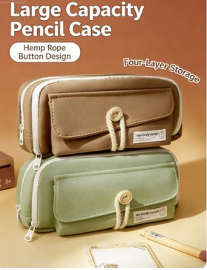 Rattan Button Pen Pouch, Durable Rattan Material, Secure Closure Design, Ideal for Office & School Use, Stylish Storage Solution