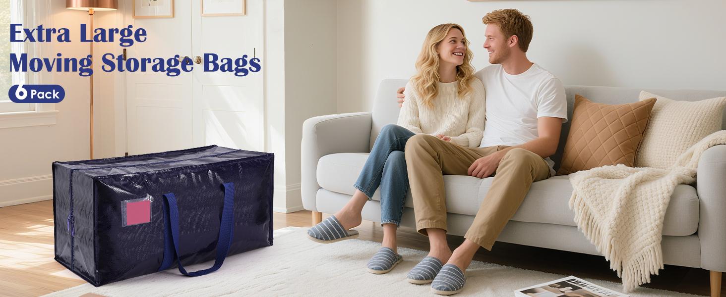 6 Pack Extra Large Heavy Duty Moving Bags with Reinforced Zipper & Wide Handles Moisture-Resistant Storage Bins Packing Cubes for Clothes College Dorm Travel and Home Organization Black Organiser