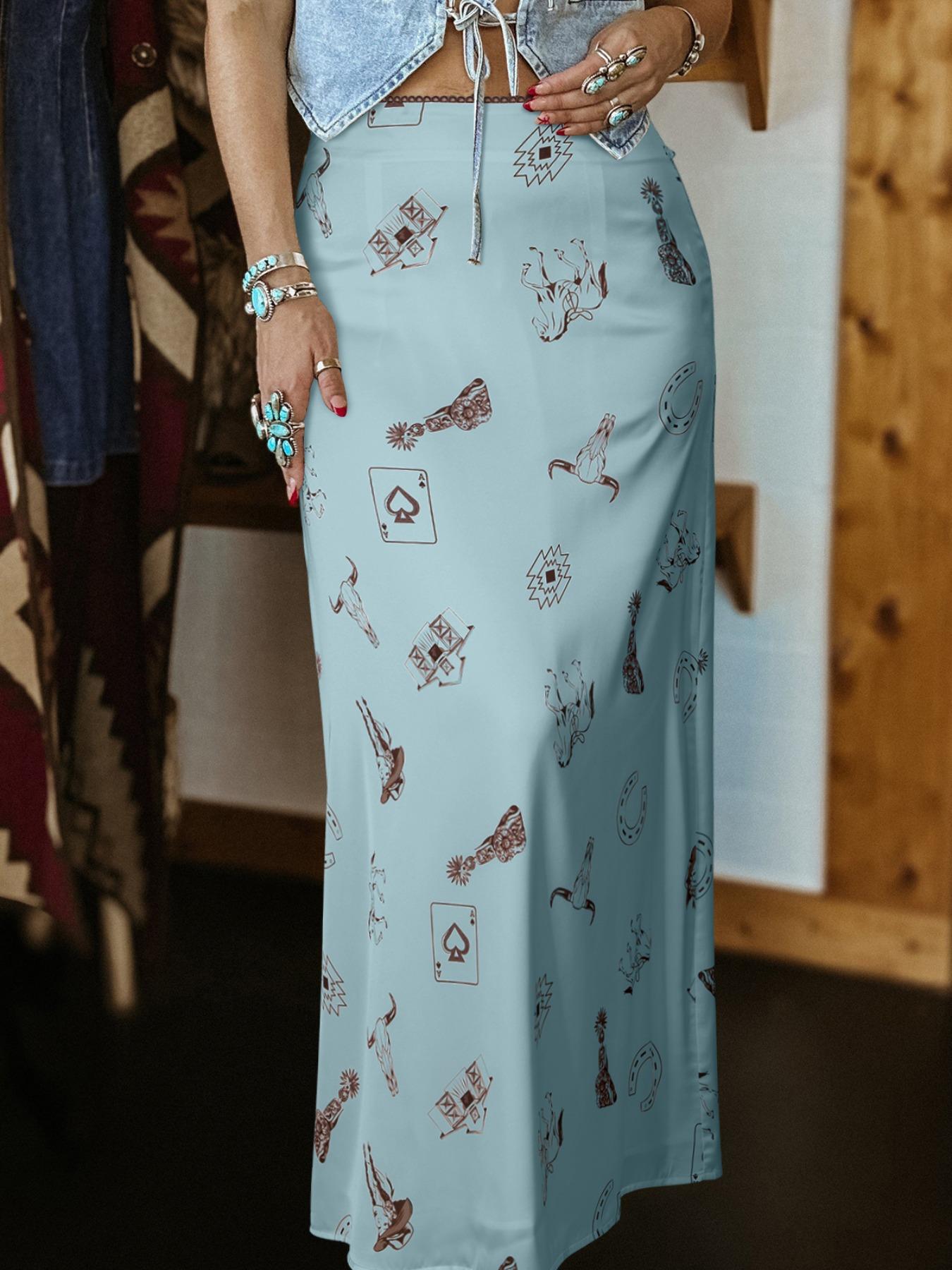 Women's Casual Western Style Satin Long Skirt, High-Waisted Fitted Print Design, All-Season Wearable, Perfect for Vacation & Daily