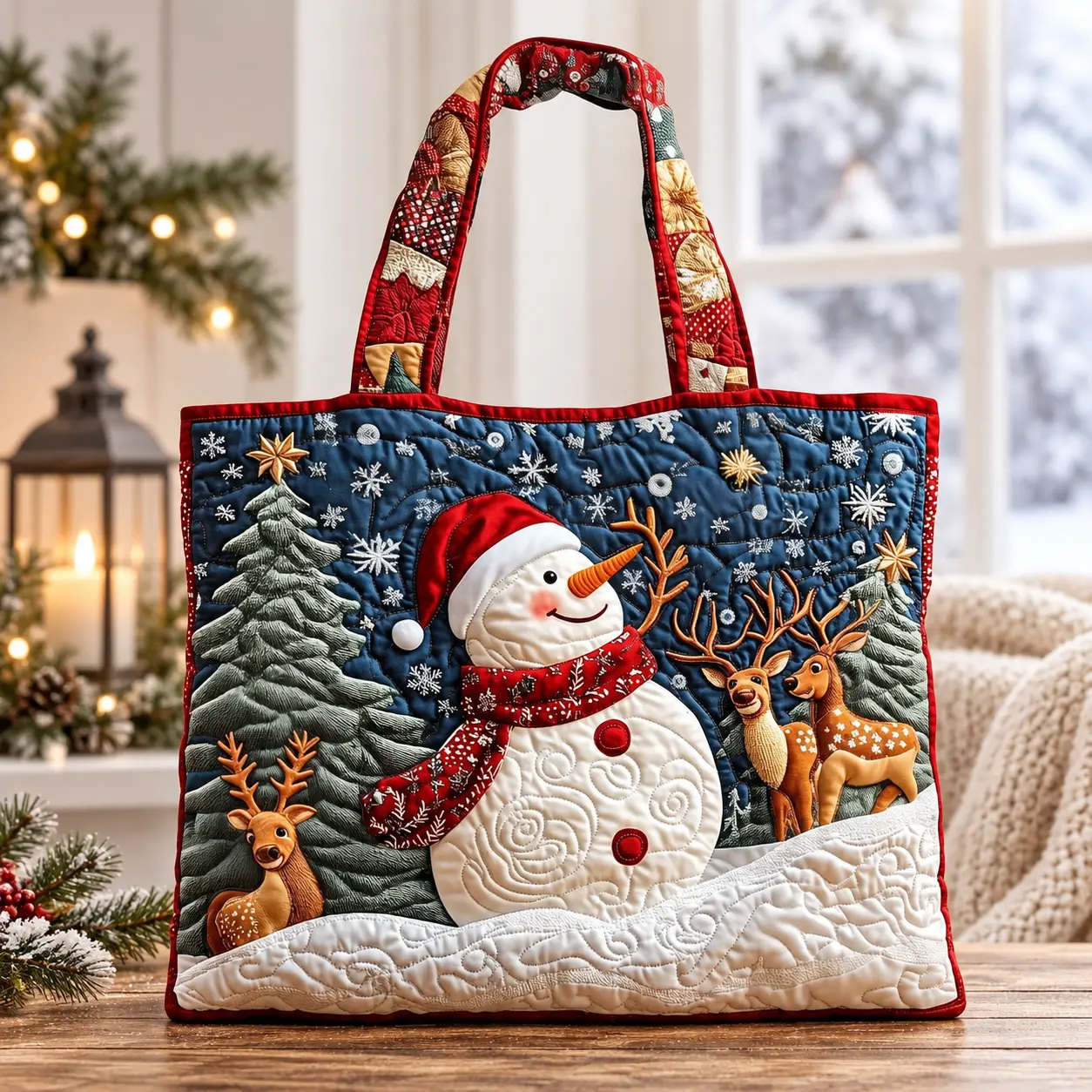 Christmas Quilted Tote Bag for Women, Snowman Reindeer Holiday Shoulder Bag, Large Capacity Winter Carryall for Shopping, Travel, Gifts, Work and Everyday Use, Festive Patchwork Handbag with Double Handles, Reusable Seasonal Christmas Gift Bag