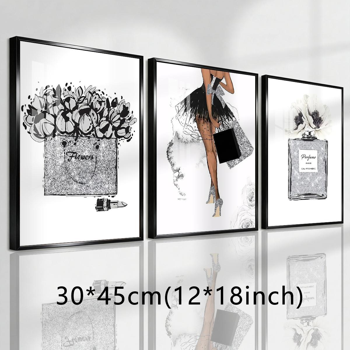 3 Counts Aluminum Alloy Framed Painting, Fashion Girl Perfume And Flower Art Prints, Home Decoration For Living Room, Bedroom, Office, Restaurant, Hallway Wall Decor, Odorless Print Artwork, Luxury Perfect Gift For Friends And Family