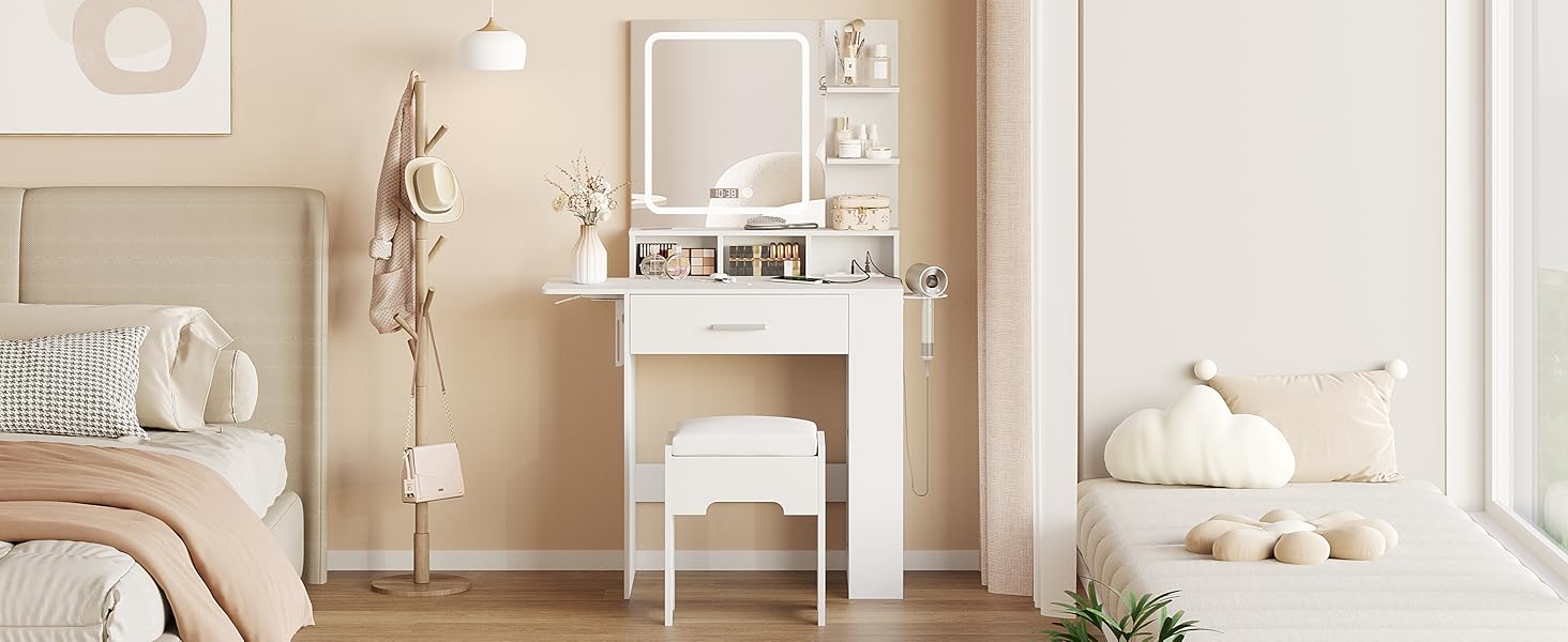 Vabches Vanity Desk with Mirror and Lights, Small Makeup Vanity with Drawer & Lots Storage Shelves, White Vanity Table with Charging Station & Time Display, Vanity Set with Chair, for Bedroom