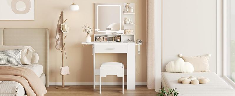 Vabches Vanity Desk with Mirror and Lights, Small Makeup Vanity with Drawer & Lots Storage Shelves, White Vanity Table with Charging Station & Time Display, Vanity Set with Chair, for Bedroom