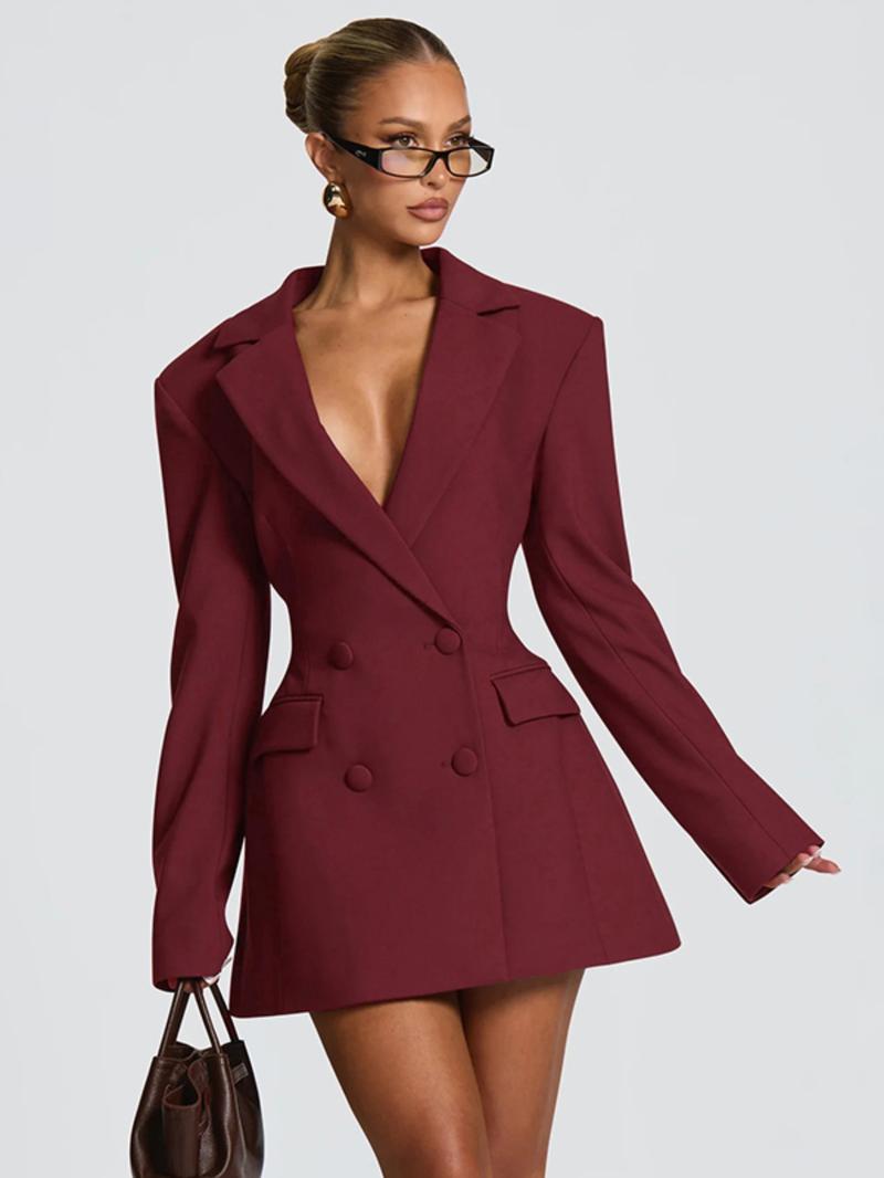 Women's Elegant Business Suit Dress, Deep V Neck Long Sleeve Ruffle Waist Cinched, Spring & Fall Office Wear, Plain Style