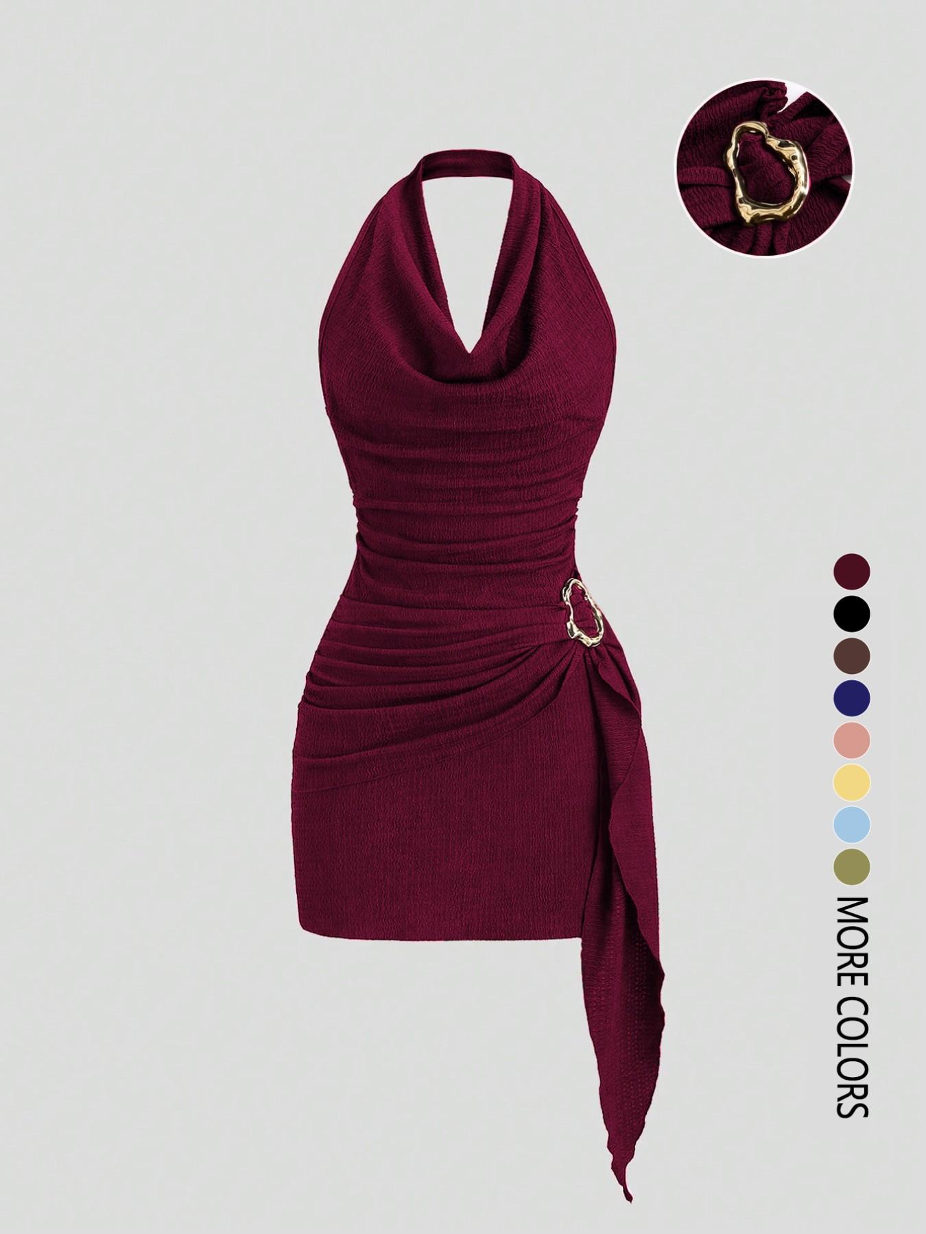 Women's Fashion Solid Color Ruched Halter Dress, Casual Office Wear, Elegant Backless Design, Perfect for Daily Wear, Stylish and Comfortable Dress