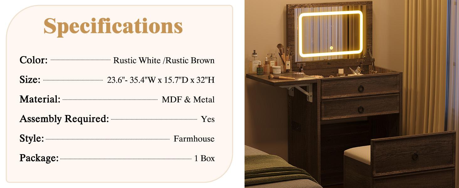 VanAcc 3-in-1 Vanity Set with LED Lighted Flip Top Mirror, Small Makeup Vanity Table with Fold-Up Panel, Hidden Stool and Charging Station, Versatile Vanity for Bedroom, Dressing Room, Sturdy and Durable