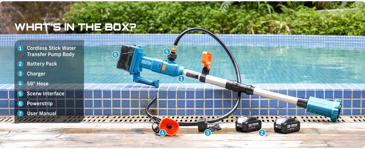Seesii Cordless Stick Water Transfer Pump, with 2*4000mAh 21V Battery & Charger, 720GPH, 32FT Head, Handheld Portable Utility Sump Pump Kit with 3/4" Outlet for Pool/Garden/Pond/RV/Boat Draining#dieseltransferpump #kerosenetransfer#waterpump