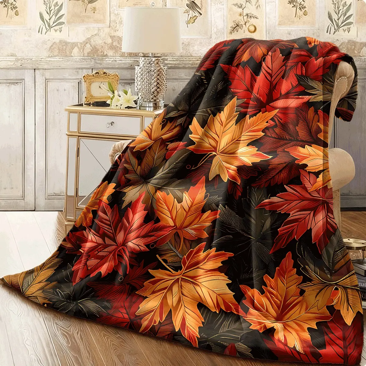 Autumn Maple Leaves Flannel Blanket Warm Fall Leaf Print Soft Throw for Bedroom Bed Sofa Couch Living Room Dorm Office Nap Travel Car Camping Swing Chairs Home  Cozy All-Season Blanket with Vivid Red Orange Green Leaf Patterns Lightweight Flannel Material