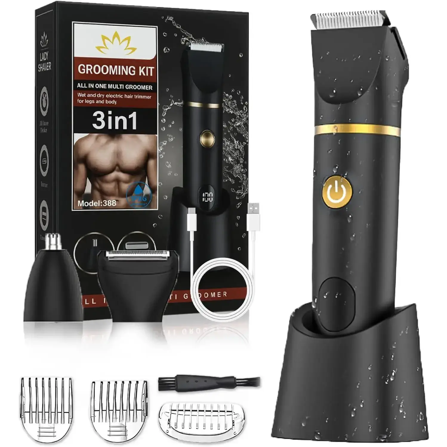 Men's 3-in-1 Painless Ceramic Electric Razor - Waterproof Grooming Kit with Pubic/Balls Trimmer, Facial Remover, LCD Display, Lightweight Brush, Rechargeable Daily Trip Shaver, Birthday Gifts for Boyfriend, Cool Gifts for Guys, Personal Care Appliance