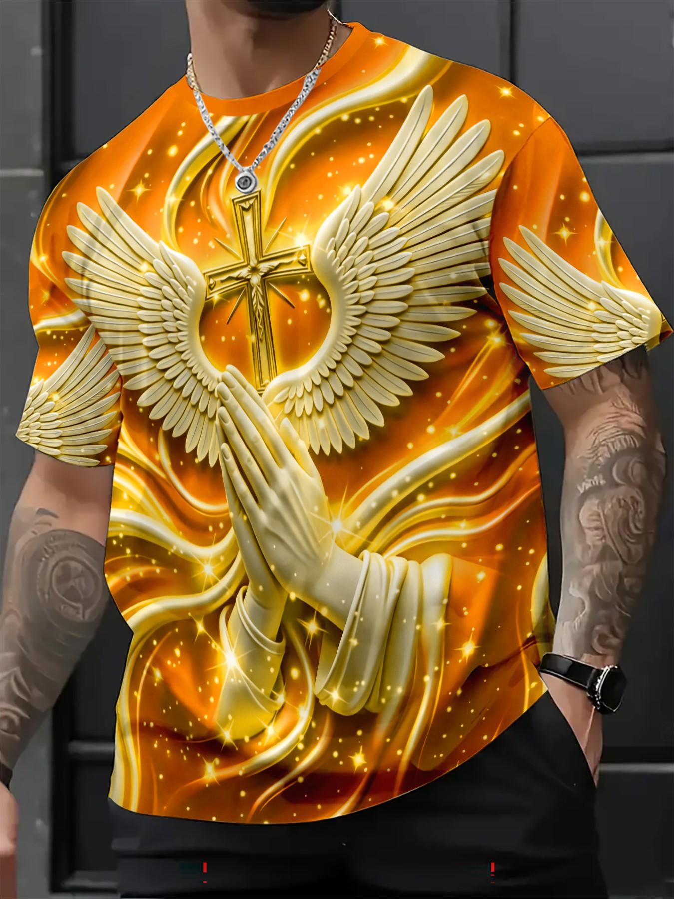New Religious Prayer Hand Angel Wings Cross Print Men's Round Neck 3D High-Definition Short Sleeve, Sporty Slim-Fit Summer T-Shirt New Religious Prayer Hand Angel Wings Cross Print Men's Round Neck 3D High-Definition Short Sleeve, Sporty Slim-Fit Summer T-Shirt