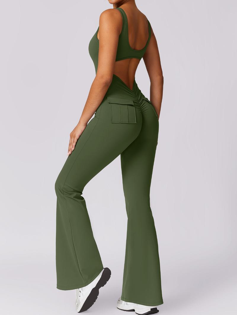 NcmRyu Women's Sleeveless Square Neck Open-Back Flare Jumpsuit - Buttery-Soft 4-Way Stretch Cargo Ruched Sculpting Trendy Activewear Workout Gym Clothing Workout Apparel jumpsuits for women