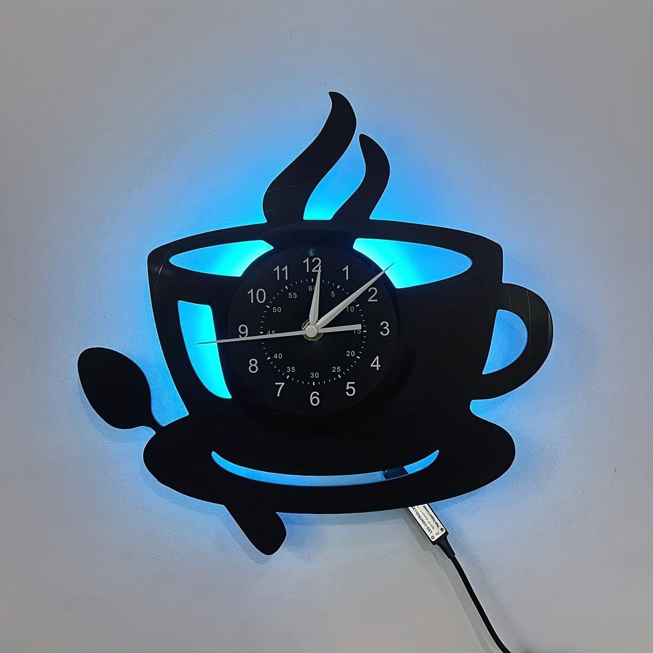 Kitchen Theme Vinyl Record Wall Clock, 7 Color LED Coffee Cup Clock, Living Room Bedroom Decor, Home Office Bar Cafe Decoration, Creative Decorative Clock