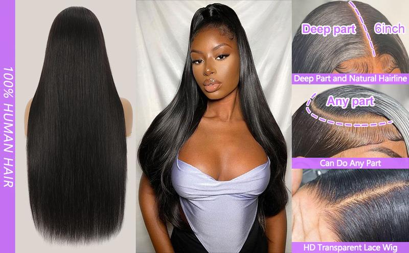 13x6 Lace Front Wigs Human Hair for Women 180 Density HD Transparent Straight Lace Front Wigs Lace Front Wig Human Hair Pre Plucked Glueless Lace Frontal Wigs Natural Black Color