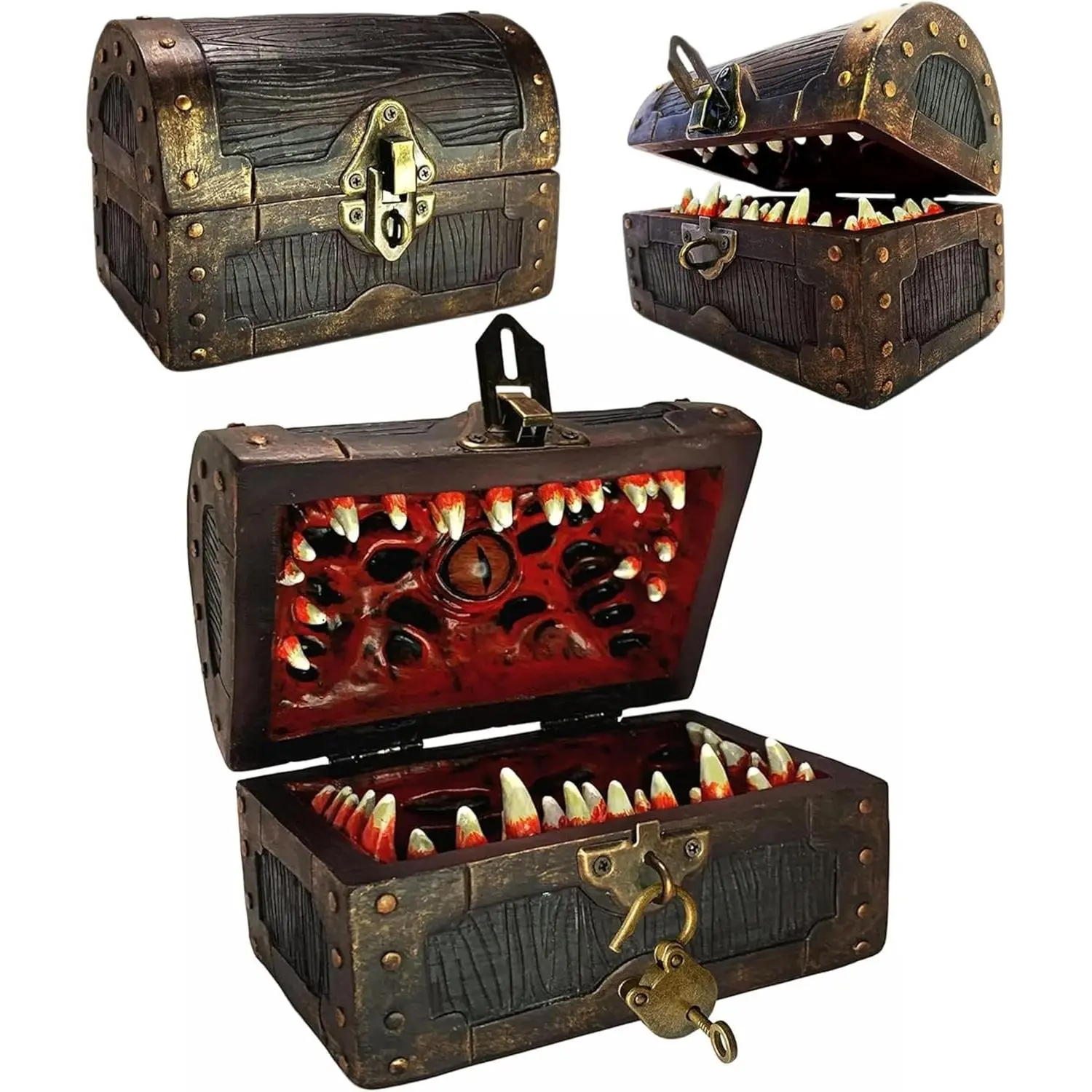 Mimic Dice Chest Storage Box with Free Lock & Key, Compatible with Dungeons & Dragons Players, Dungeon Master/DM RPG Gaming, Holder Vault Case Holds 4 Polyhedral Sets (Regular)