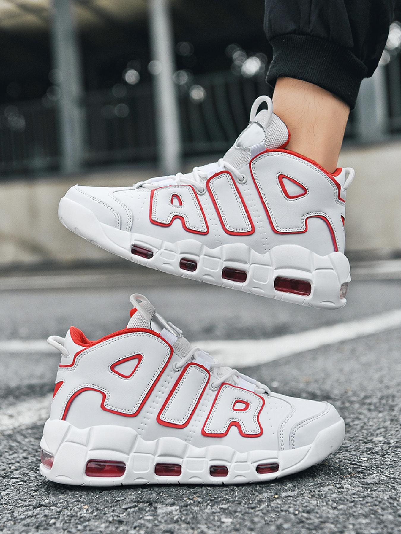 Men'S Casual High-Top Sneakers, Air Cushioned Design Basketball Shoes, Trendy Fit, PU Leather Upper, Rubber Sole, All Seasons, Medium Width, Above Ankle