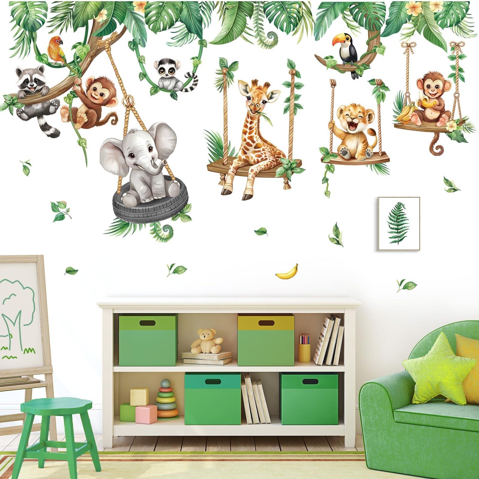 Cartoon Jungle Animal Wall Stickers, Wildlife Zoo Animals Elephant Giraffe Monkey Tropical Leaf Wall Decals, Bedroom Living Room Home Decor