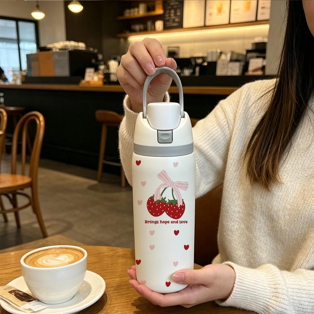 Sweet Bow Strawberry Heart 32oz Insulated Cup, 304 Stainless Steel, Portable Direct Drink, Girl Style, Car Travel Water Bottle, 1 Piece