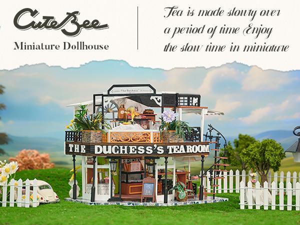 CUTEBEE DIY 3D Dollhouse Kit The Duchess's Tea Room – Miniature Wooden Tea House with Furniture, Dust-Proof and Handmade Decor | Holiday, Christmas and Black Friday Gift