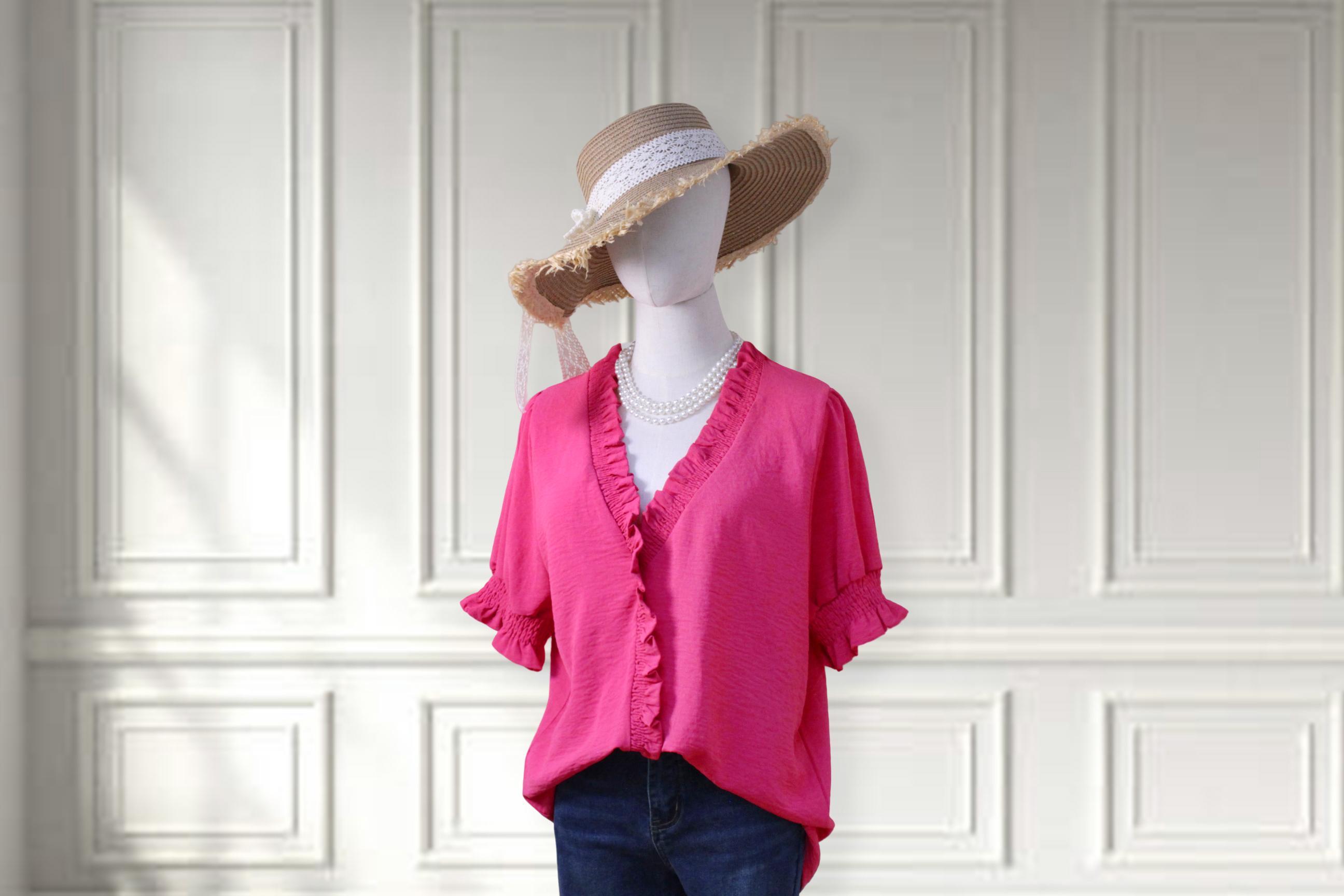 SageVell Ruffle Trim V - Neck Bright Pink/ Blue/ Green Blouse, Smocked Cuffs & Front, Soft Textured Fabric, Chic Casual Style, Cute Basic Tops for Women Cotton Shirts Office Outfits Women Womenswear Shortsleeve Medium Fitted