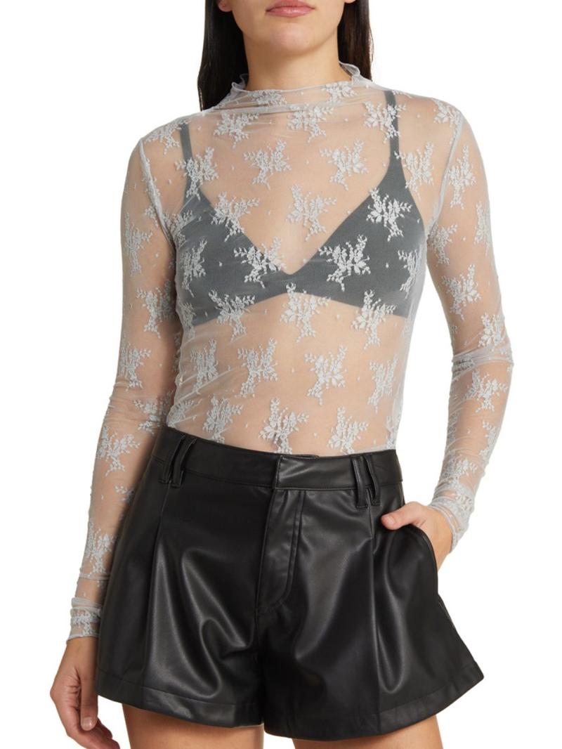 Women's Floral Layering Lace Tops With Thumb Hole, Mesh See Through Slim Shirt All Seasons, Micro Elasticity Long Sleeve Mock Neck Sxy Style