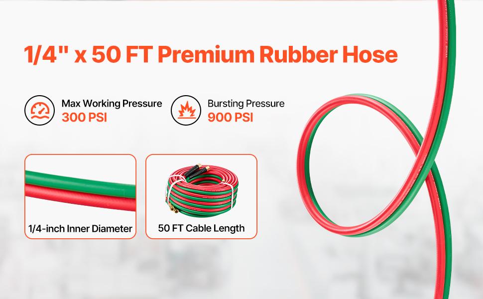 VEVOR Oxygen Acetylene Hose, 1/4-Inchx 50FT Oxy Acetylene Hose with 9/16-18 B Fitting, 300PSI T Grade Welding Cutting Torch Twin Hose, Compatible with Oxygen, Acetylene, Propane and Other Fuel Gases