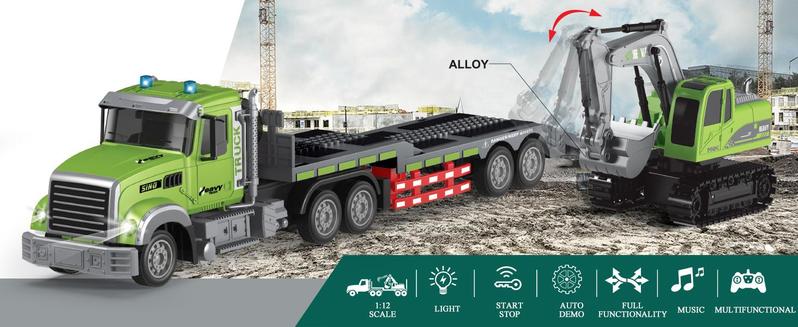 RC Semi Truck & Excavator Toy Set,1:12 RC Semi-Trailer Truck with Sound and Lights,2.4Ghz Remote Control Flatbed Truck with Green Excavator Toys remoto