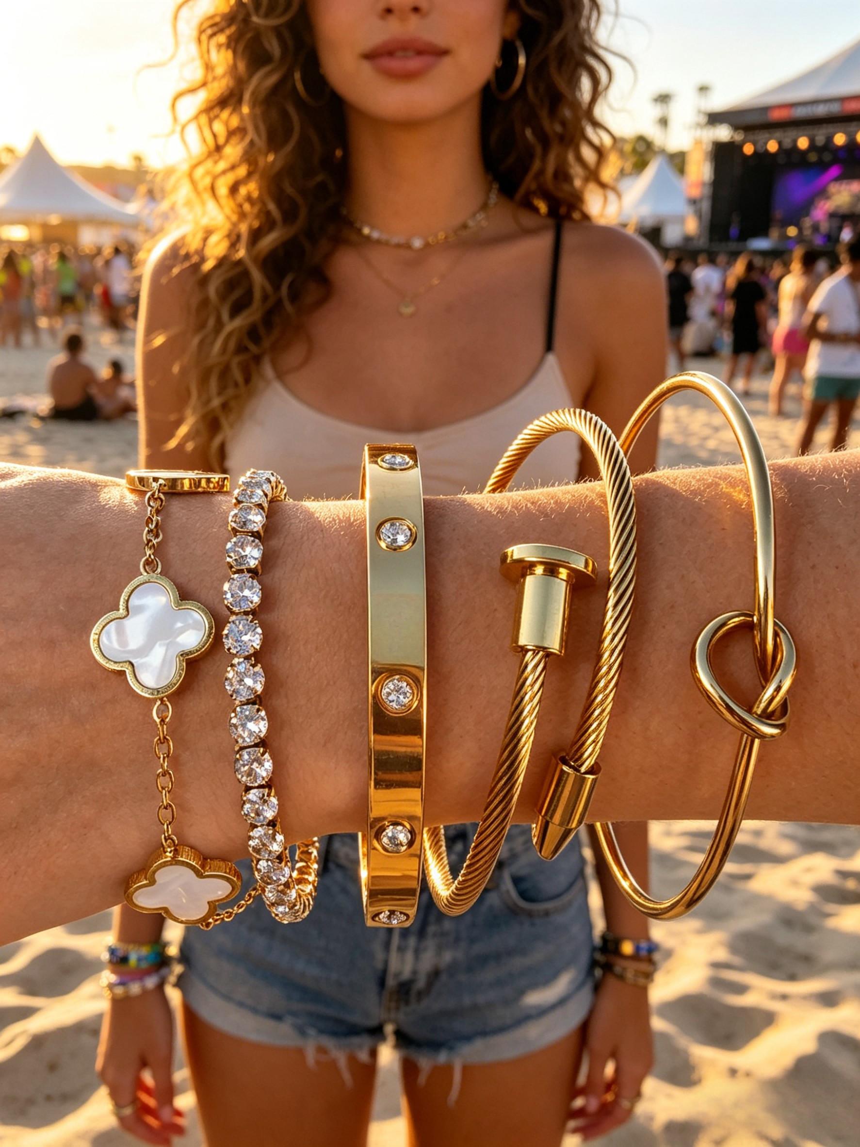 5 Piece French Luxury Bracelet Set, Stackable Rhinestone Clover Heart Nail Bracelets, Perfect for Dates and Career Wear