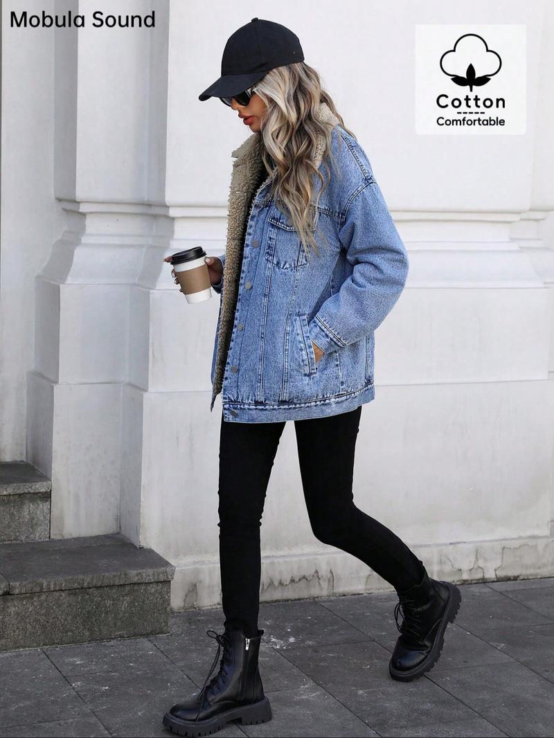 Women's New Fleece Lined Denim Jacket, Trendy Fashion Washed Jean Coat, Casual Comfortable Fit, Zipper Fly, Fall & Winter Wear, Zip Front Jacket