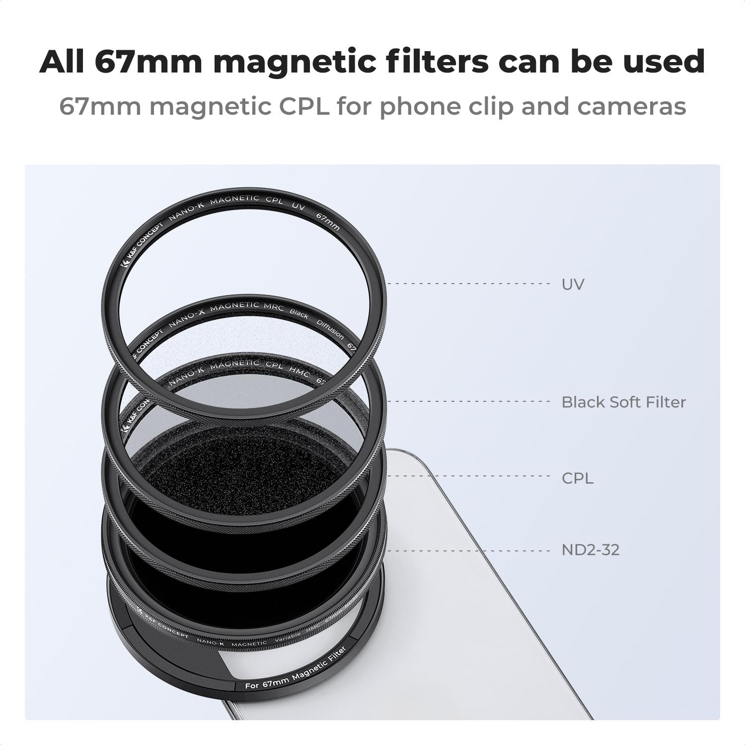 [K&F CONCEPT]Clip On 67mm CPL Magnetic Phone Lens Filter Kit, Phone Clip with Magnetic Adapter Ring/Cold Shoe/Locking Knob, Polarizer Filter for iPhone 16 15 Pro Max 14 13