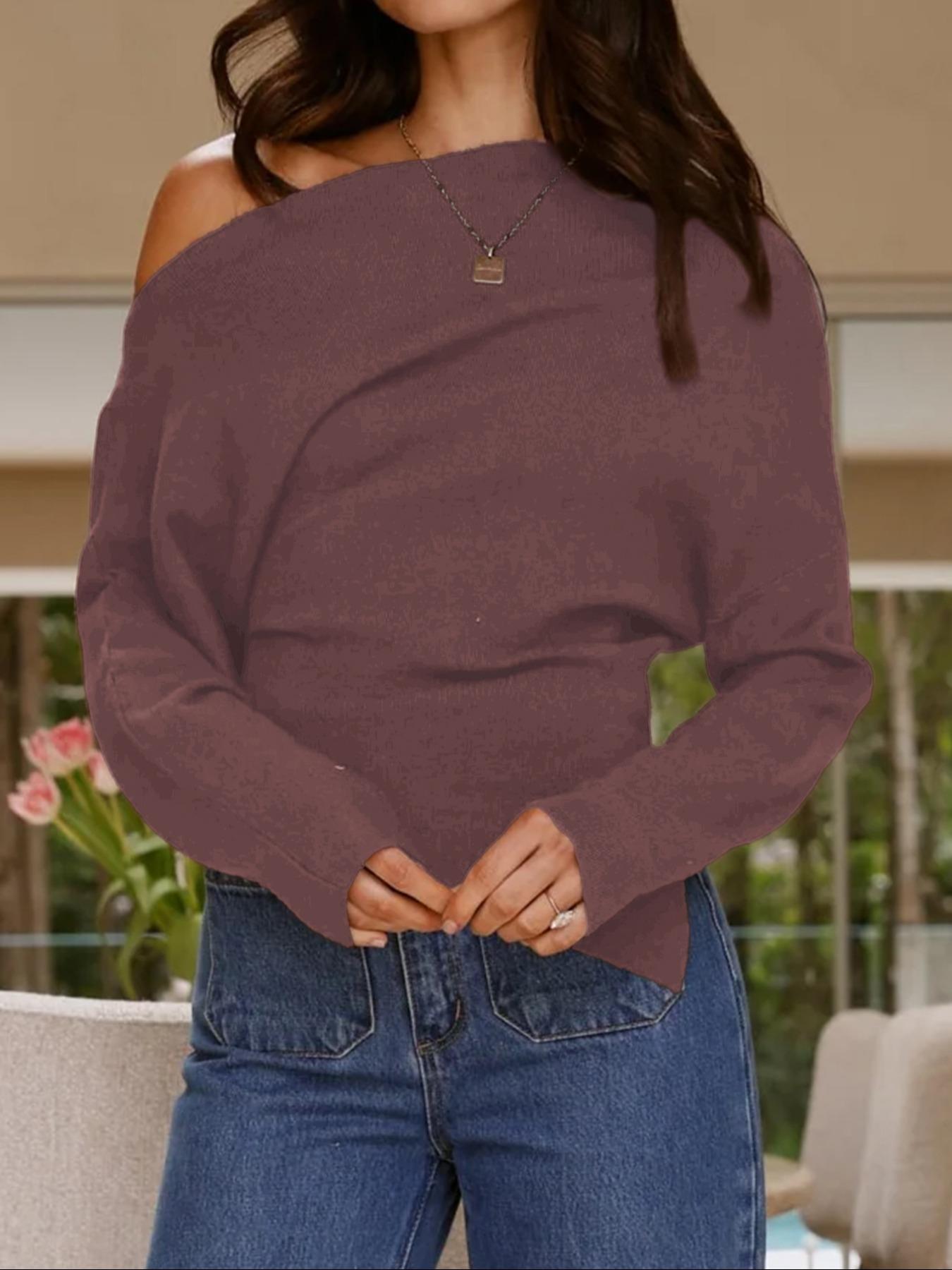 Women's Casual Fashion Asymmetrical Neckline Long-Sleeve Sweater, Slim-Fit Thin Knit Top for Fall, Plain Design Knitwear