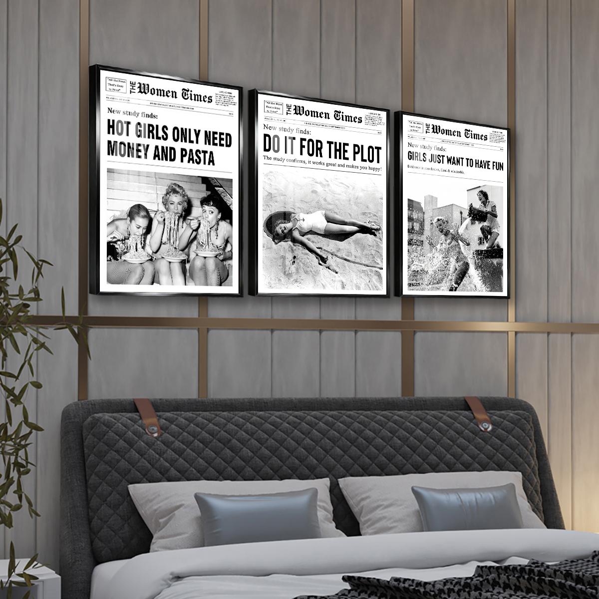 3 Counts Aluminum Alloy Framed Painting, Vintage Women Newspaper Poster Set, Home Decoration For Living Room, Bedroom, Office, Restaurant, Hallway Wall Decor, Odorless Print Artwork, Luxury Perfect Gift For Friends And Family