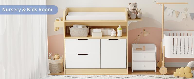LInor Baby Changing Table Dresser with 3 Drawers and 1 Storage Shelves, Baby Changing Station with Light Wooden and White Finish Newborn Nursery