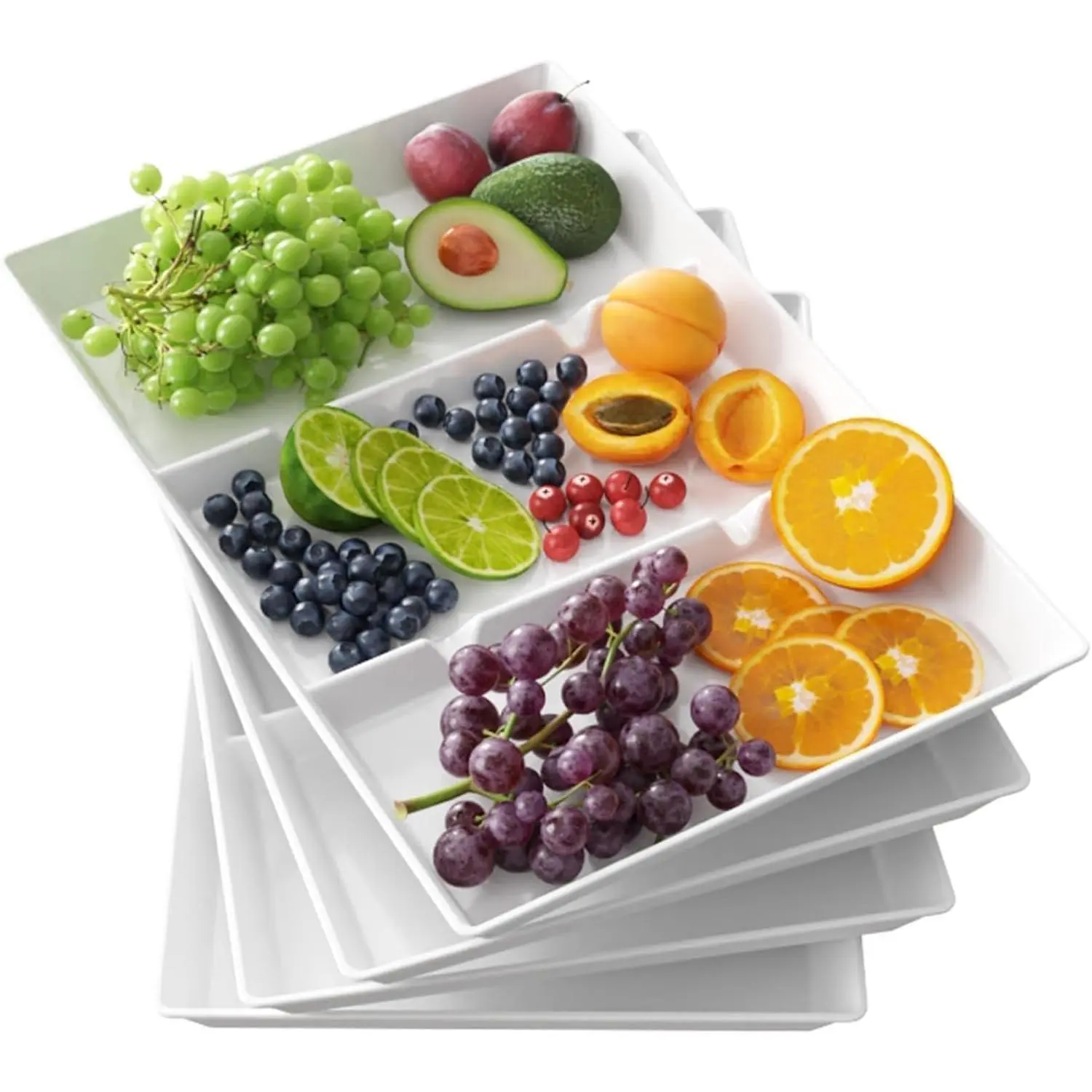 Serving Tray Divided for Party Supplies, 4 PCS 15" x 10" Plastic Platters for Serving Food, White Reusable Tray for Veggie, Snack, Fruit, Cookies, Desserts in Kitchen/Pantry