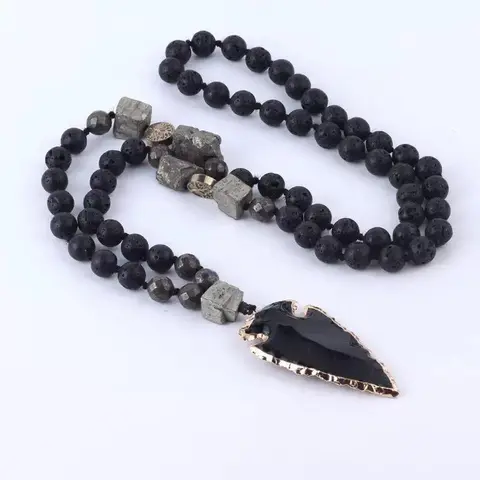 Unisex Natural Black Lava Obsidian Beaded Chain Necklace with Pyrite Crystal Pendant, 35in Long Drape, Adjustable Sports & Outdoor Protective Jewelry, Unique Men's Accessories, Christmas-Festival Gift for Healing & Balance