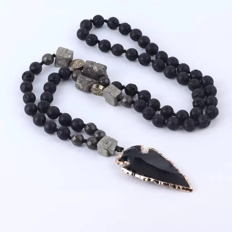 Unisex Natural Black Lava Obsidian Beaded Chain Necklace with Pyrite Crystal Pendant, 35in Long Drape, Adjustable Sports & Outdoor Protective Jewelry, Unique Men's Accessories, Christmas-Festival Gift for Healing & Balance