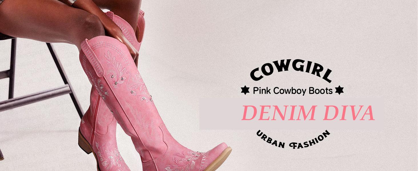 Pink Cowboy Boots for Women - Knee High Sparkly Rhinestone Boots, Retro Country Boots with Classic Embroidered, Pointed Toe Chunky Heel Pull on Vintage Botas, Christmas Gifts Pink Cowboy Boots for Women - Knee High Sparkly Rhinestone Boots, Retro Country Boots with Classic Embroidered, Pointed Toe Chunky Heel Pull on Vintage Botas, Christmas Gifts